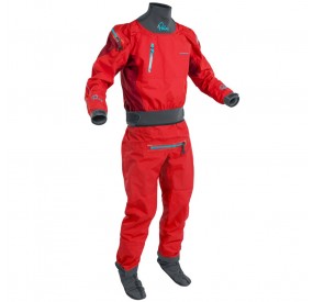 Red dry suit for whitewater with waterproof material and sturdy waistband for kayaking.