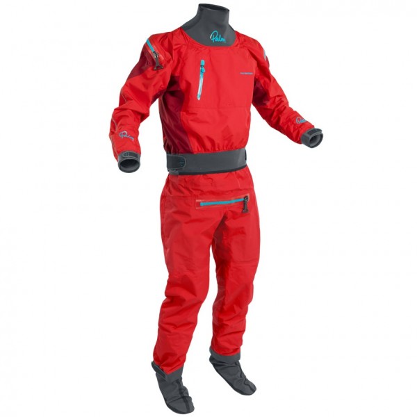 Red dry suit for whitewater with waterproof material and sturdy waistband for kayaking.