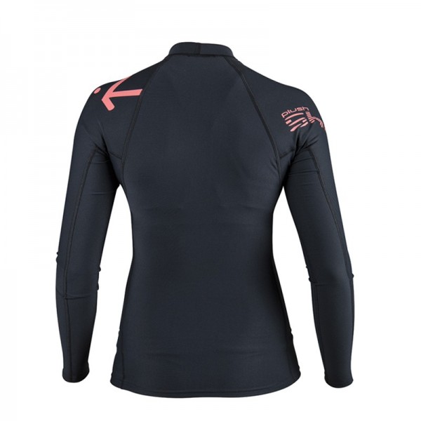 Rückansicht: Schwarzes Lycra-Langarmshirt mit tailliertem Schnitt und sportlichen Kontrastdetails an Schultern und Ärmeln.