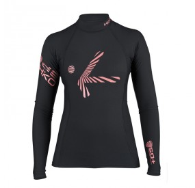 Rückansicht: Schwarzes Lycra-Langarmshirt mit tailliertem Schnitt und sportlichen Kontrastdetails an Schultern und Ärmeln.