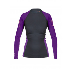Close-fitting neoprene long-sleeved shirt with black torso, purple sleeves, elastic material, athletic fit.