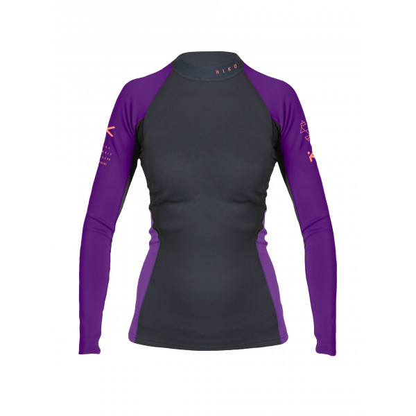 Eng anliegendes Neopren-Langarmshirt mit schwarzem Rumpf, violetten Ärmeln, elastischem Material, sportlicher Passform.