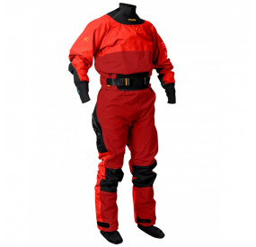 Red Dry suit for whitewater with waterproof material and reinforced areas for kayaking.