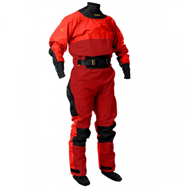 Red Dry suit for whitewater with waterproof material and reinforced areas for kayaking.