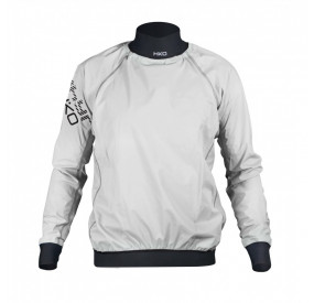 White lightweight paddle jacket with waterproof material and elastic waistband for protection while kayaking.