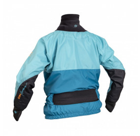 Blue Waterproof paddle jacket with neoprene waistband and cuffs for protection and comfort in the kayak.