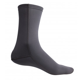 Gray neoprene sock with high shaft, elastic material, and slip-resistant sole for water sports.