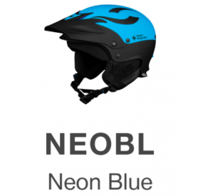 Blue whitewater helmet with extended visor, ear protection, and adjustable chin strap for optimal protection.