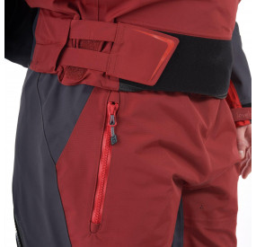 Illustration eines blauen Trockenanzugs mit verstärkten Knie- und Sitzbereichen für Schutz beim Wildwasserpaddeln.