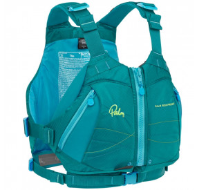 Türkisfarbene Schwimmweste mit Frontreißverschluss, seitlicher Verstellung und durchdachten Taschen für sicheren Einsatz.