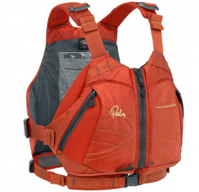 Red life jacket with front zipper, side adjustment, and well-designed pockets for safe use in whitewater.