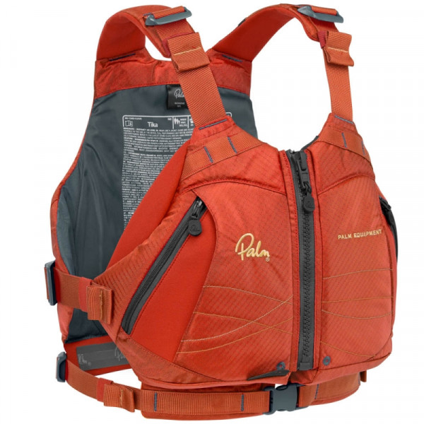 Red life jacket with front zipper, side adjustment, and well-designed pockets for safe use in whitewater.