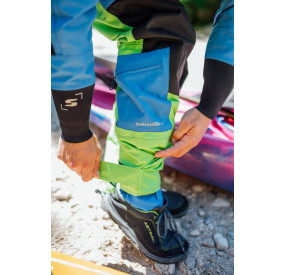 Dry suit for whitewater with waterproof material, latex cuffs, and reinforced areas for kayaking.