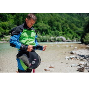 Dry suit for whitewater with waterproof material, latex cuffs, and reinforced areas for kayaking.