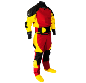 Dry suit for whitewater with waterproof material, latex cuffs, and reinforced areas for kayaking.