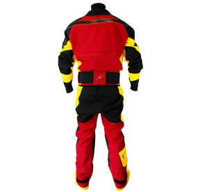 Dry suit for whitewater with waterproof material, latex cuffs, and reinforced areas for kayaking.