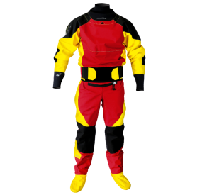 Trockenanzug fürs Wildwasser mit wasserdichtem Material, Latexmanschetten und verstärkten Bereichen für Kajakfahren.