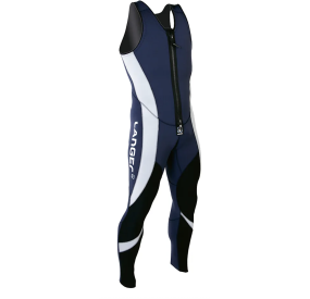 Blaue Neoprenhose mit Frontreißverschluss, ergonomischen Einsätzen und kontrastreichem Design für Wassersport.