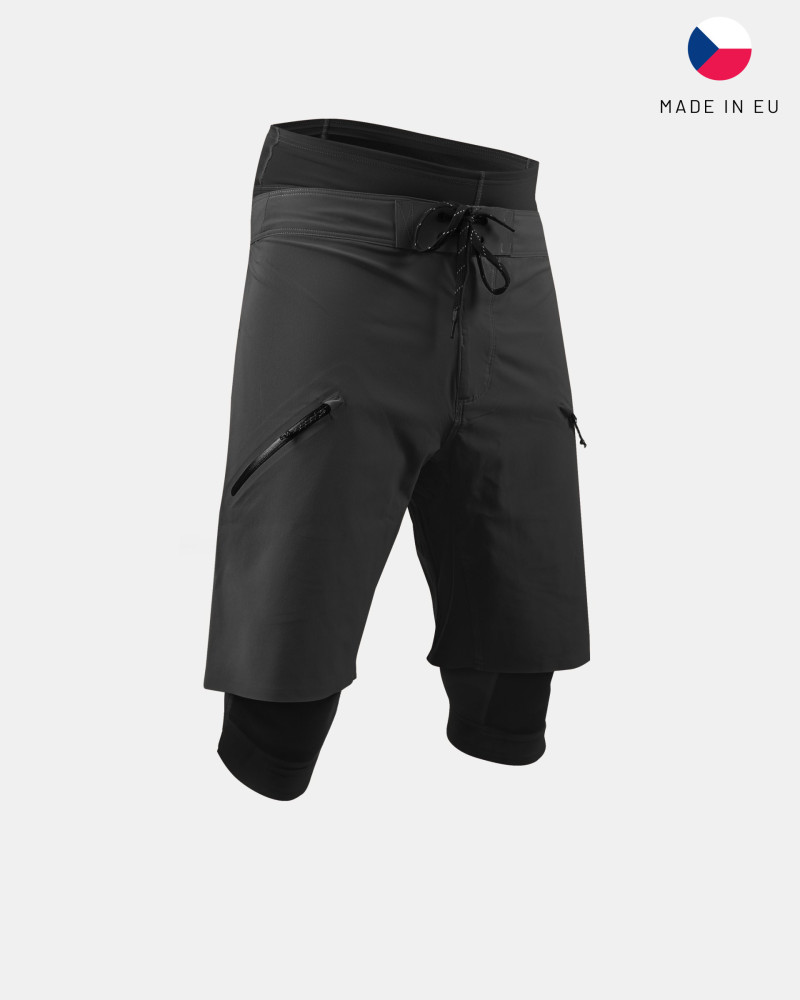 Black water sports shorts with zippered pocket, durable material, and a sporty, relaxed fit.
