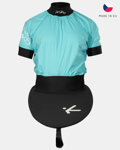 Blue Short-sleeved kayak suit with integrated spray deck for a dry seat and high freedom of movement while paddling.