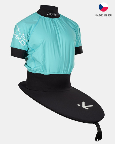 Blue Short-sleeved kayak suit with integrated spray deck for a dry seat and high freedom of movement while paddling.