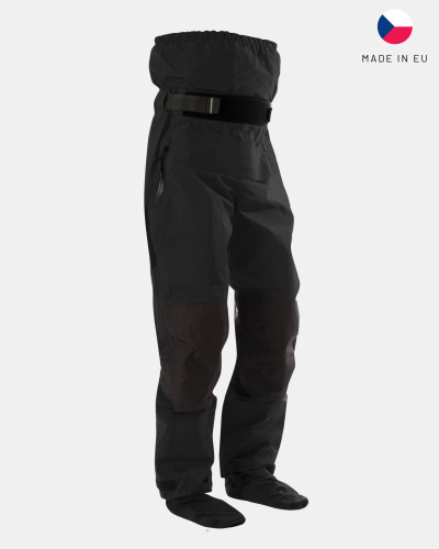 Robuste Trockenhose für Paddler, wasserdicht, atmungsaktiv, verstärkte Knie, verstellbarer Bund, ideal für Wildwasser.