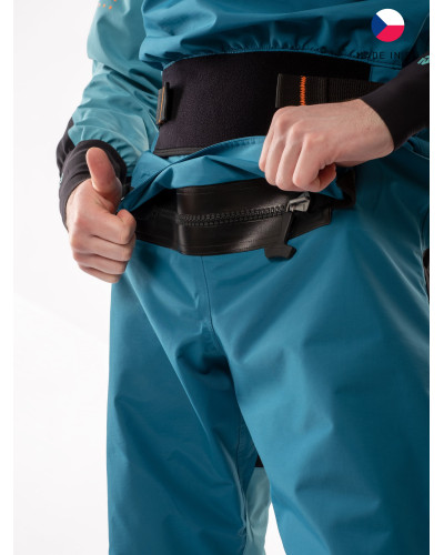 Blue dry suit for whitewater with waterproof material and reinforced areas for kayaking.