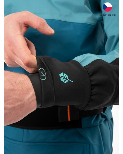 Blue dry suit for whitewater with waterproof material and reinforced areas for kayaking.