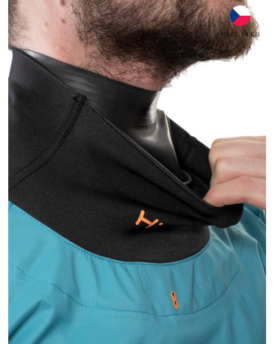 Blue dry suit for whitewater with waterproof material and reinforced areas for kayaking.