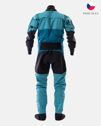 Blue dry suit for whitewater with waterproof material and reinforced areas for kayaking.