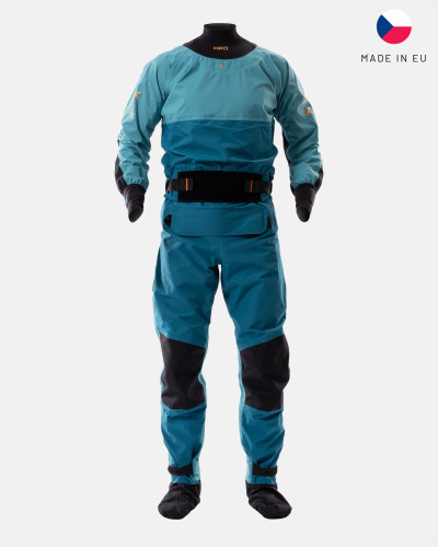 Blue dry suit for whitewater with waterproof material and reinforced areas for kayaking.