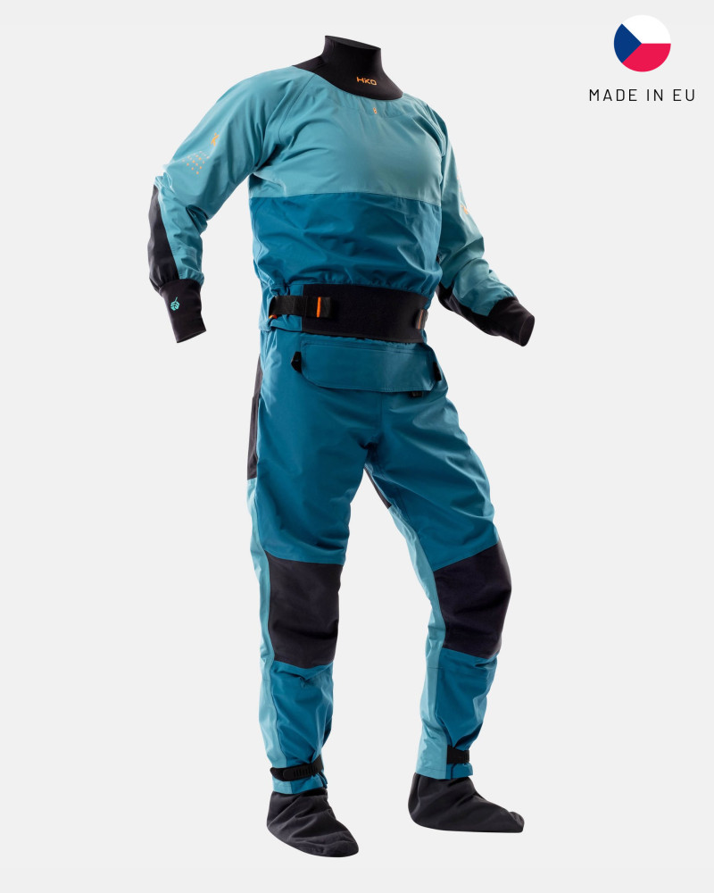 Blue dry suit for whitewater with waterproof material and reinforced areas for kayaking.