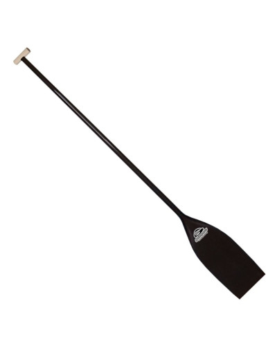Single-sided paddle with black carbon blade, slim shaft, and wooden handle for precise control in a Canadian canoe.