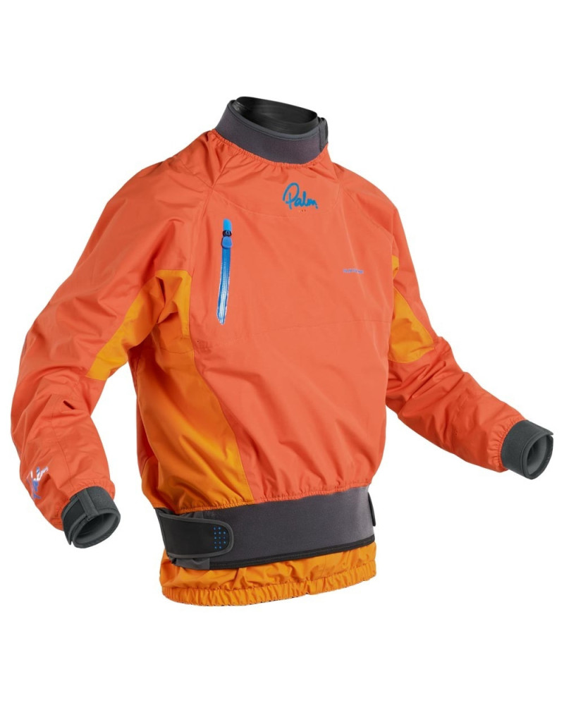 Orange Men's paddle jacket with waterproof material, neoprene waistband, and cuffs for protection in whitewater.