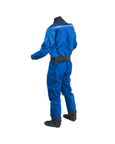 Blue dry suit for whitewater with waterproof material and sturdy waistband for kayaking.