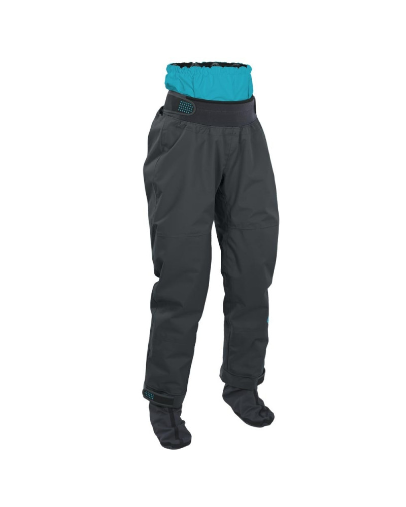 Waterproof dry pants with elastic neoprene waistband, breathable material, and sturdy cut.