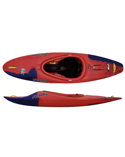 Red Pyranha whitewater kayak with ergonomic cockpit, stable hull, and sporty design.