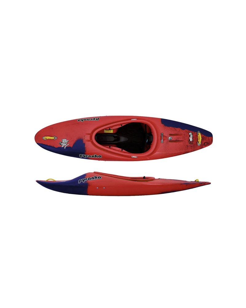 Red Pyranha whitewater kayak with ergonomic cockpit, stable hull, and sporty design.
