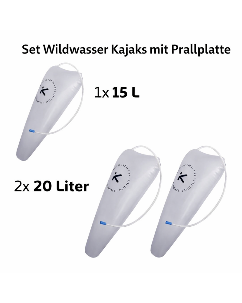 Whitewater buoyancy aid set with impact plate, 15 L and 20 L, for safety and stable boat shape in kayaks.