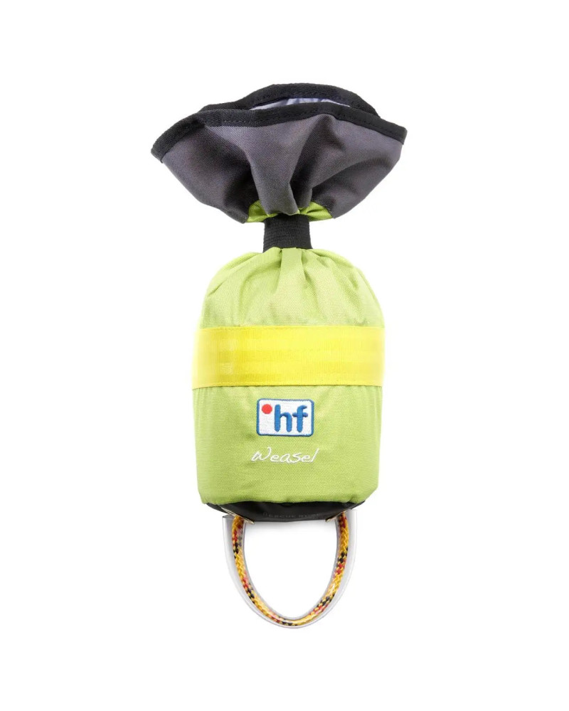 Green throw bag with reflective stripes and open mesh closure.