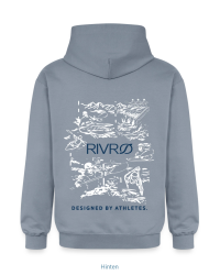 RIVRØ Rapid Hoodie M in Steel Blue – rear view with whitewater back print from canoe slalom & kayak cross. Discover now.