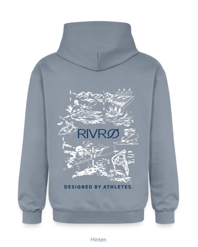 RIVRØ Rapid Hoodie M in Steel Blue – rear view with whitewater back print from canoe slalom & kayak cross. Discover now.