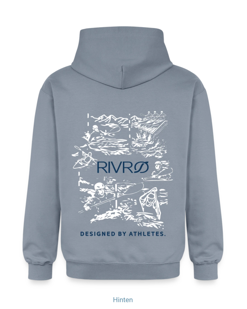 RIVRØ Rapid Hoodie M in Steel Blue – Rückansicht mit Whitewater Backprint aus Kanu-Slalom & Kajak Cross. Jetzt entdecken.