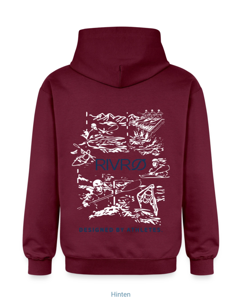 RIVRØ Rapid Hoodie W Burgundy – Back view with whitewater back print featuring canoe slalom. Women's hoodie. Discover now.