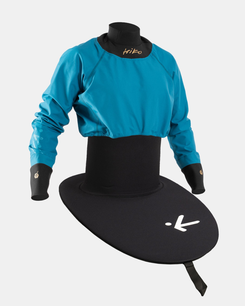 Blue Paddling jacket with integrated spray deck for a dry seat and optimal protection while kayaking.