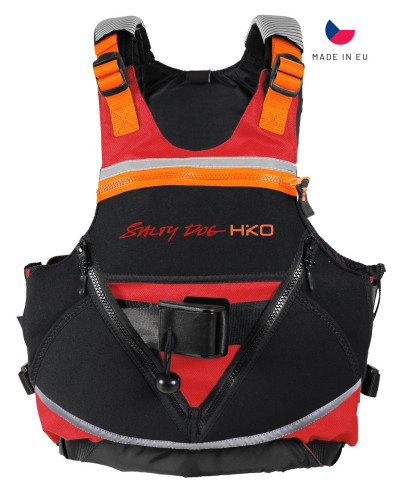 Black and red life jacket with straps and buckles, provides buoyancy and safety.