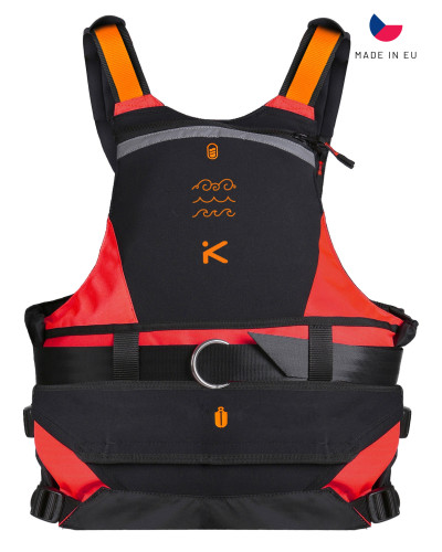 Black and red life jacket with straps and buckles, provides buoyancy and safety.