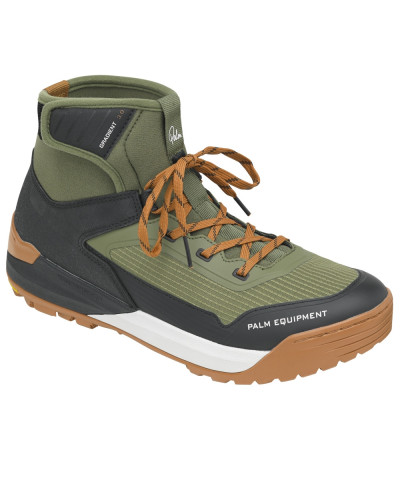 Robust outdoor shoe in gray with turquoise-orange accents, high shaft, and grippy treaded sole for secure footing.