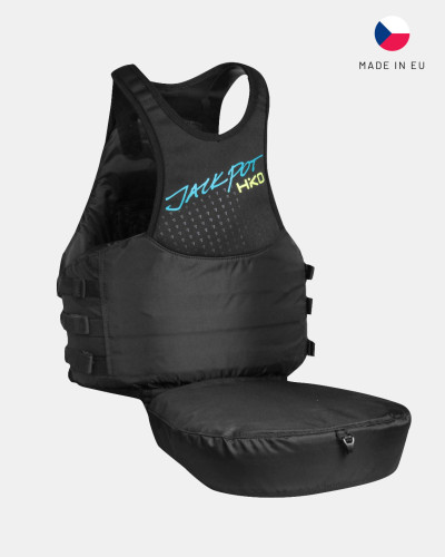 Black life jacket with a slim fit, adjustable waist belt, and secure fit for maximum freedom of movement.