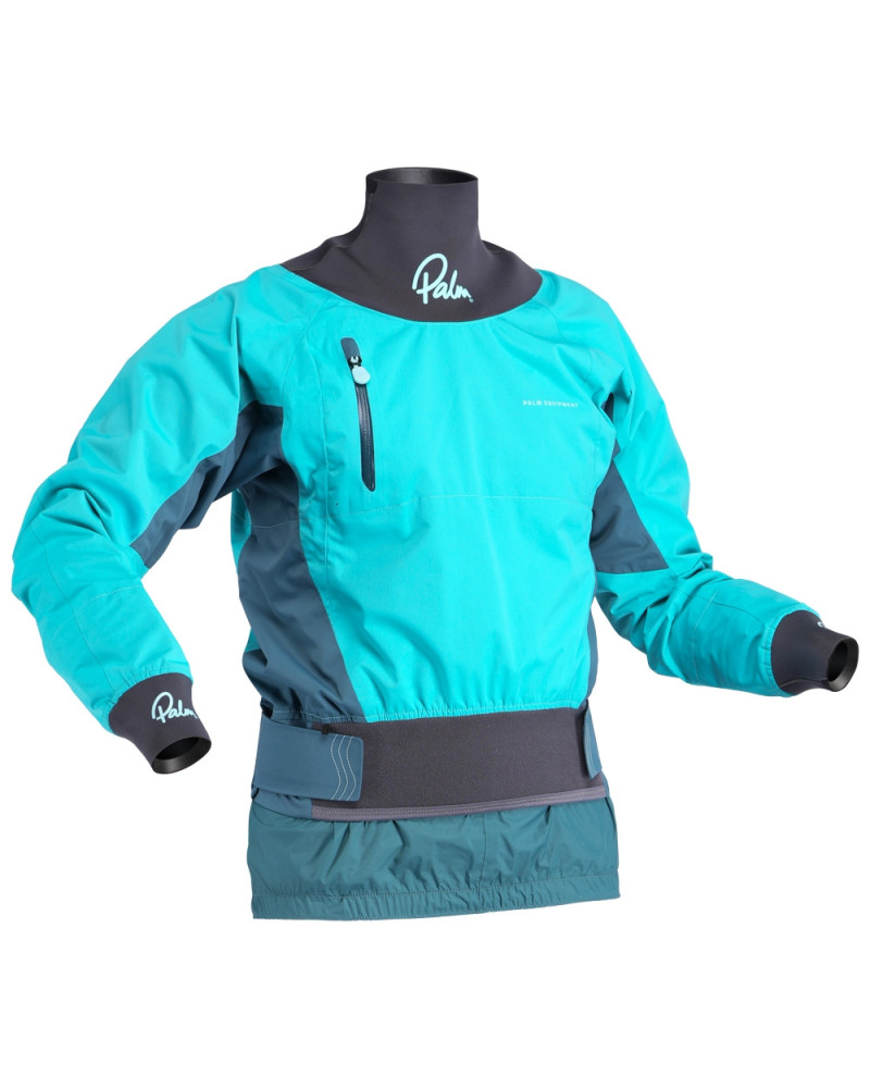Türkisgraue Outdoorjacke mit Brusttasche und hohem Kragen.